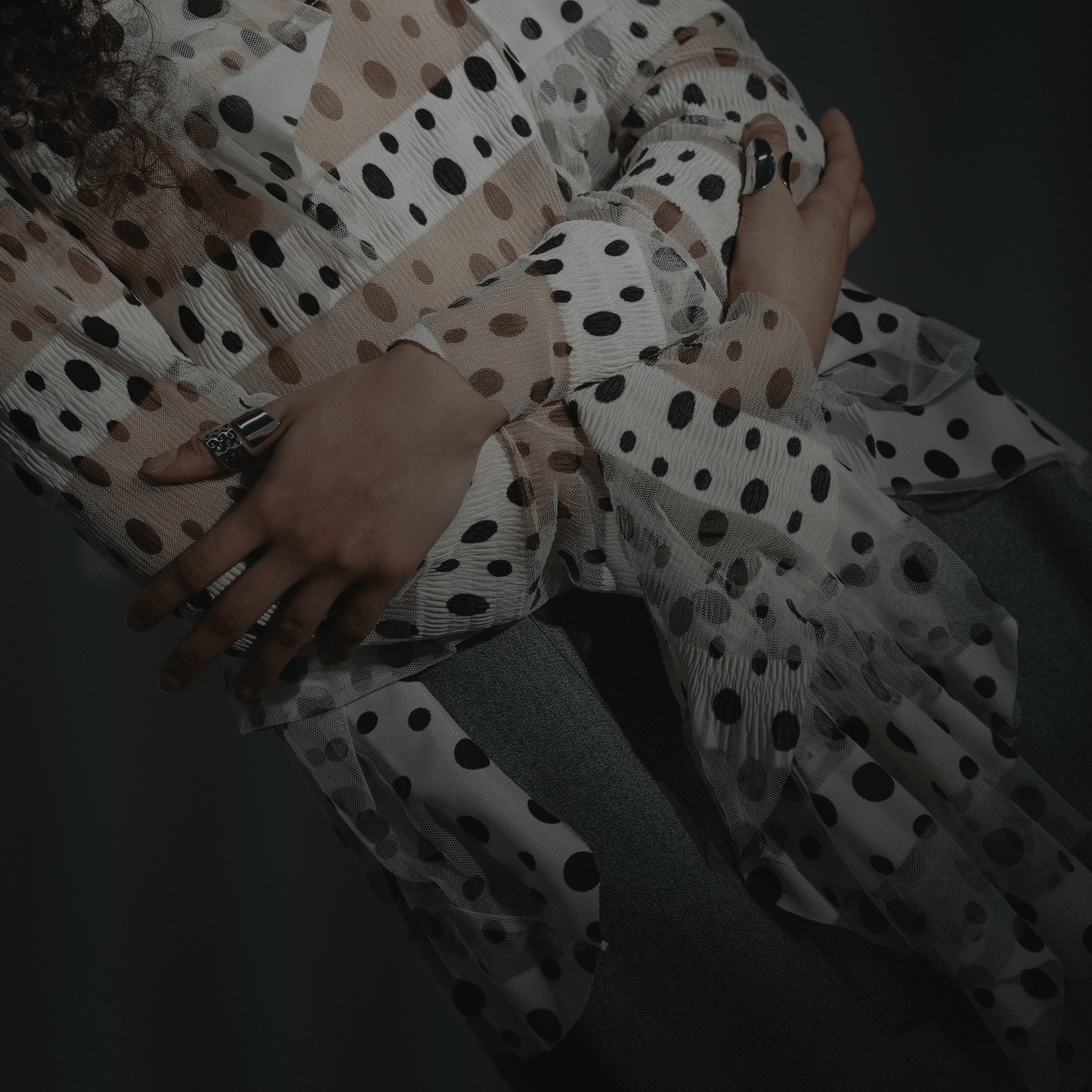 Ibis Rouge Paris design, Gros plan sur une femme portant une blouse à pois avec des manches à volants et plusieurs bagues en argent.