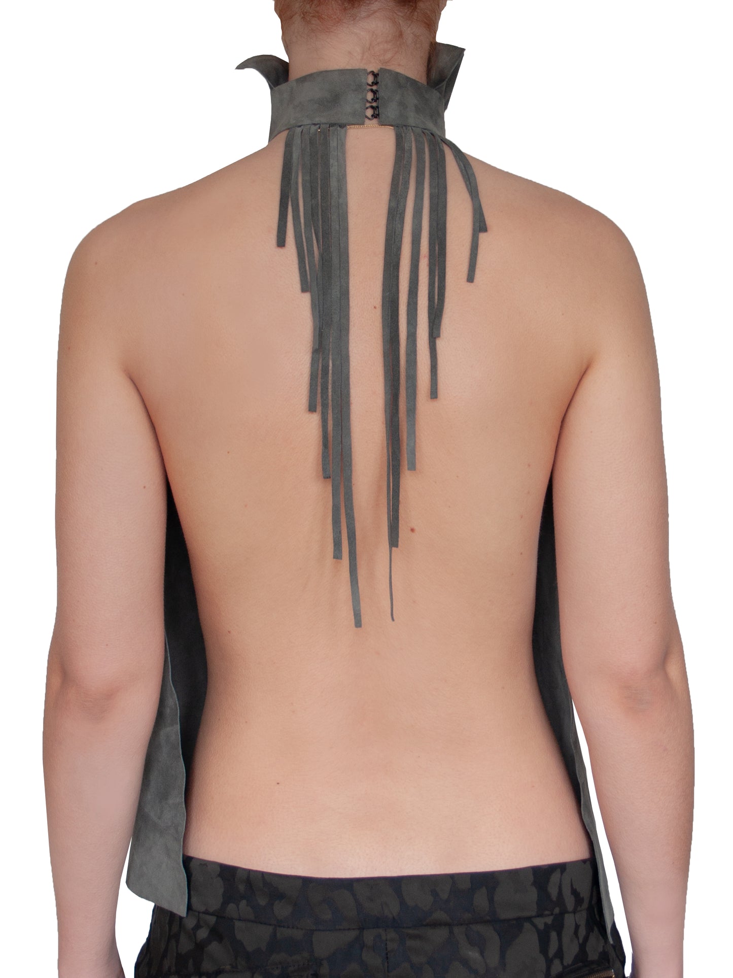 Top dos nu en cuir nubuck gris